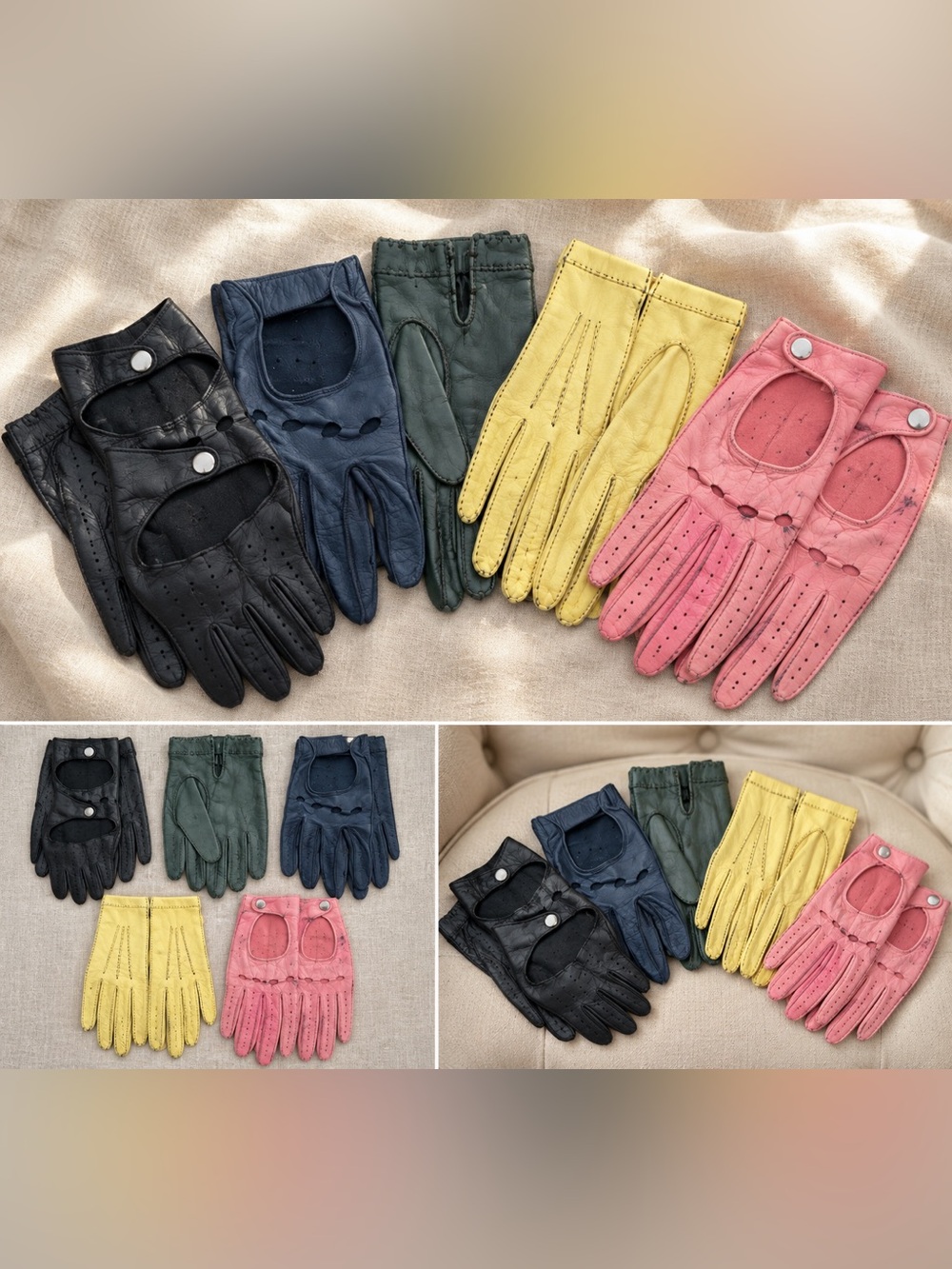 VTG Leather Driving Gloves Collection–5 Pairs Perforated, Snap Wrist,Mid Century